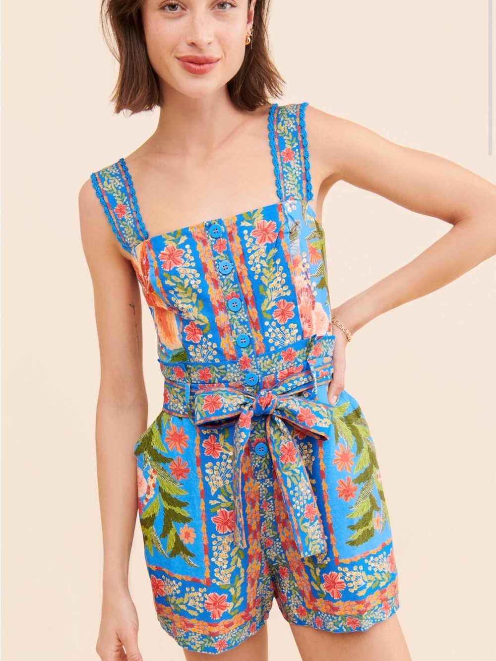 FARM Rio Stitched Garden Blue Romper 🌸💙